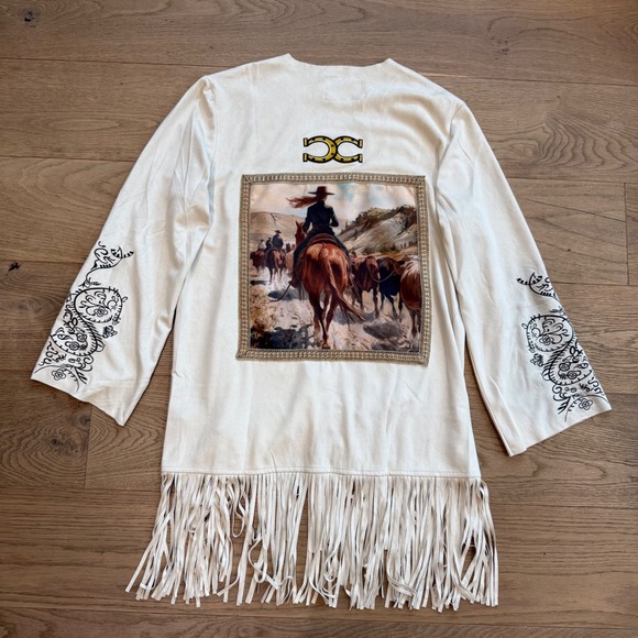 Vocal Lesal Upcycled Western Faux Suede Fringe Cardigan Cowgirl Graphic XL Cream - Picture 9 of 9